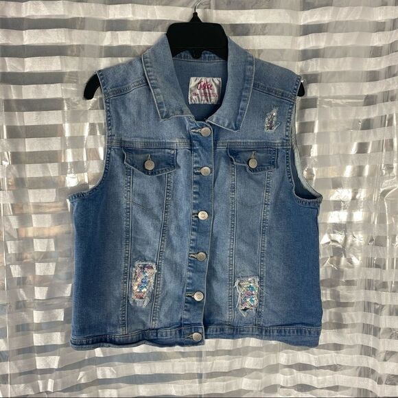 Justice Distressed Sequined Blue Jean Vest - Picture 2 of 6